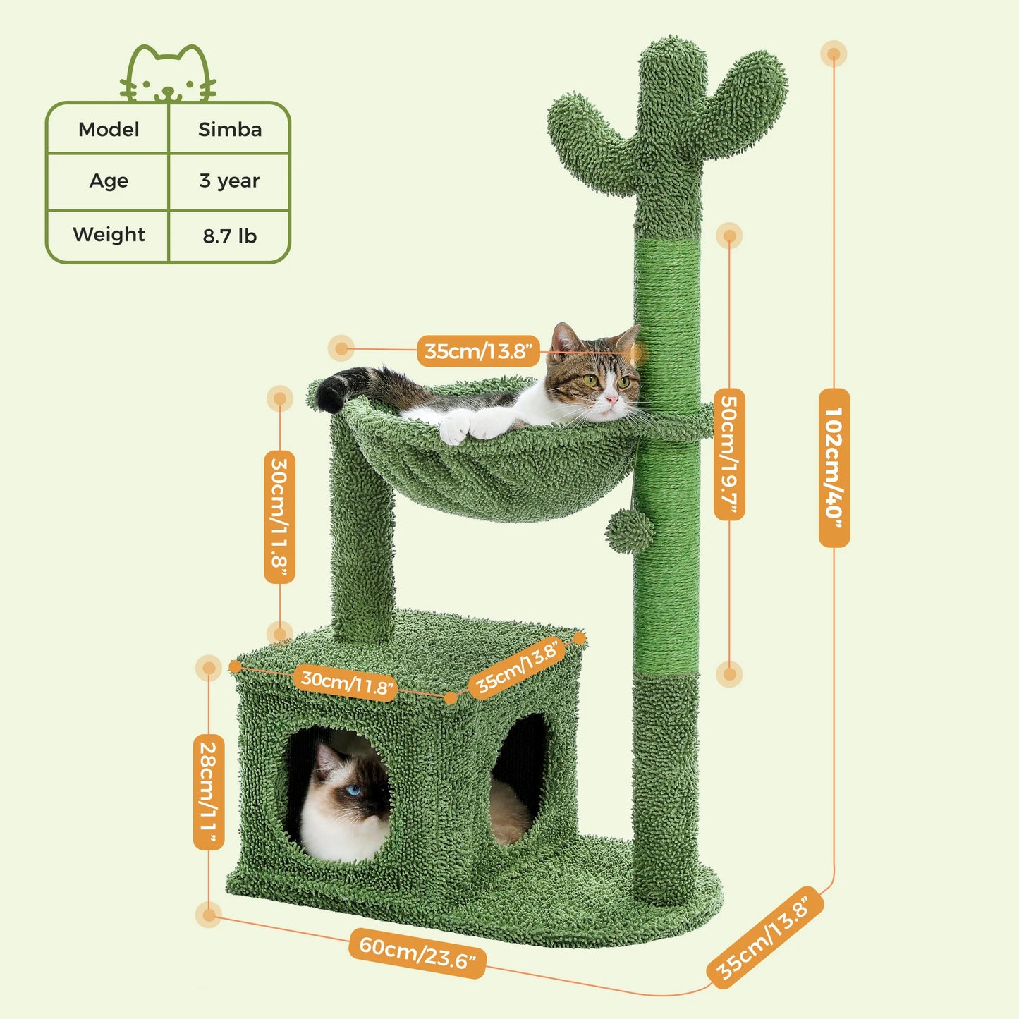 Cactus Cat Tree – Small Cat Tower with Large Condo, Hammock, Scratching Posts & Toys for Indoor Cats