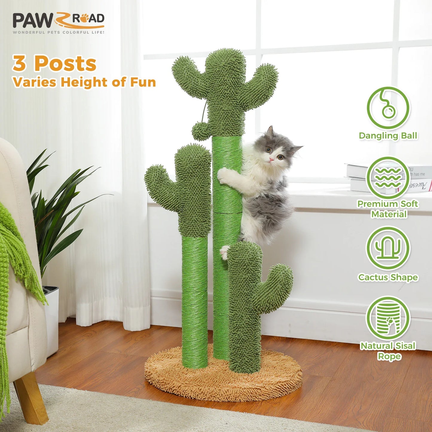 Cactus Cat Scratching Post with 3 Sisal Poles & Hanging Ball Toy – Tall Indoor Cat Scratcher