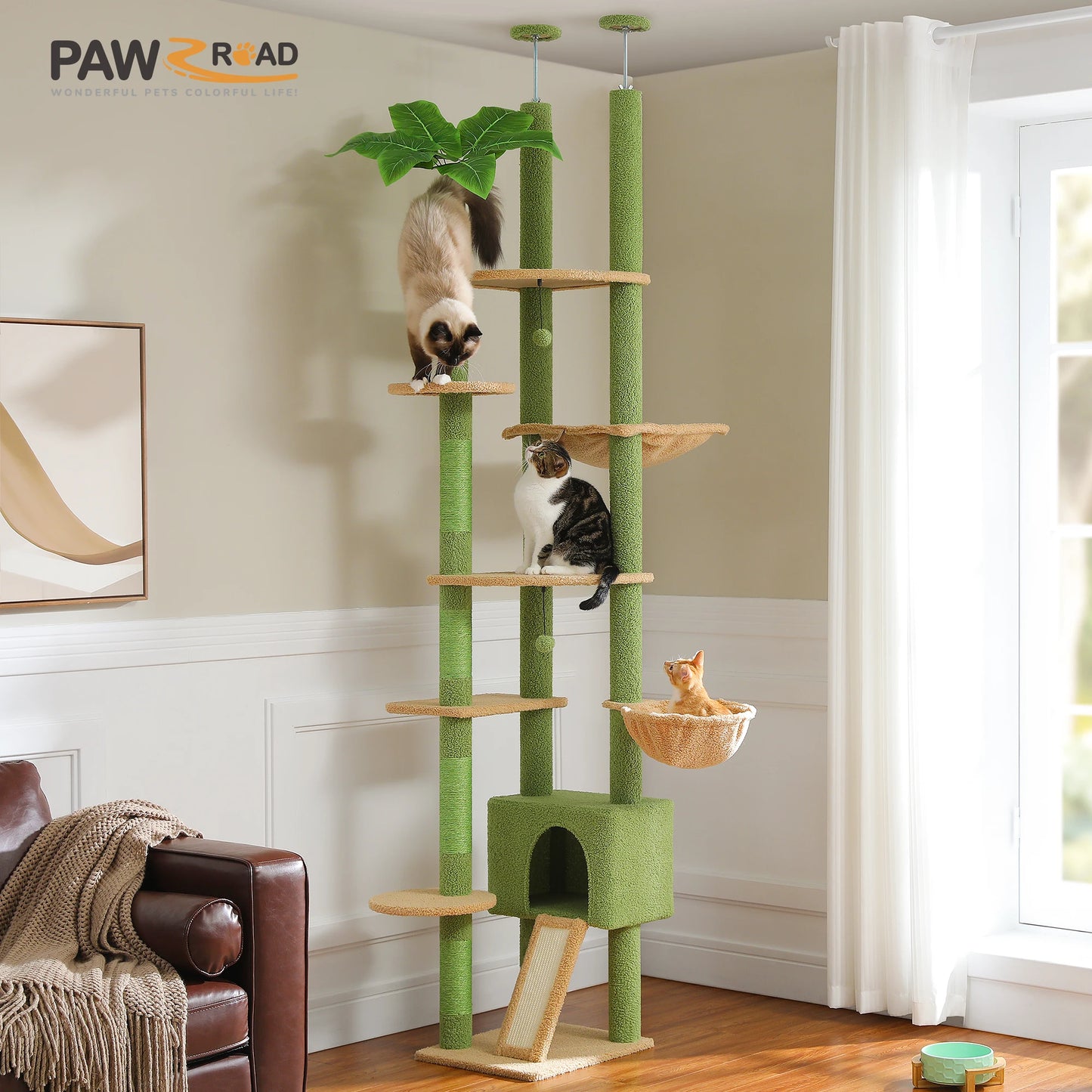 Adjustable Cactus Cat Tree Tower Floor-to-Ceiling with Condo, Hammock & Scratching Posts