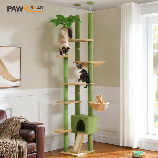 Adjustable Cactus Cat Tree Tower Floor-to-Ceiling with Condo, Hammock & Scratching Posts