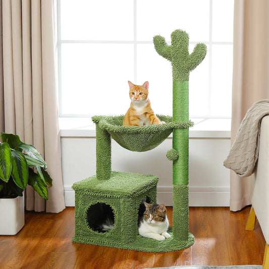 Cactus Cat Tree – Small Cat Tower with Large Condo, Hammock, Scratching Posts & Toys for Indoor Cats