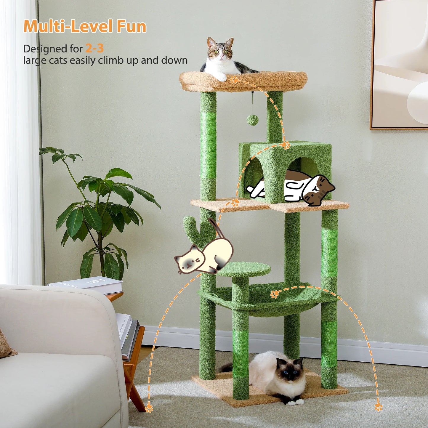 Cactus Cat Tree Tower for Large Cats with Plush Hammock, 2-Door Condo & Top Perch