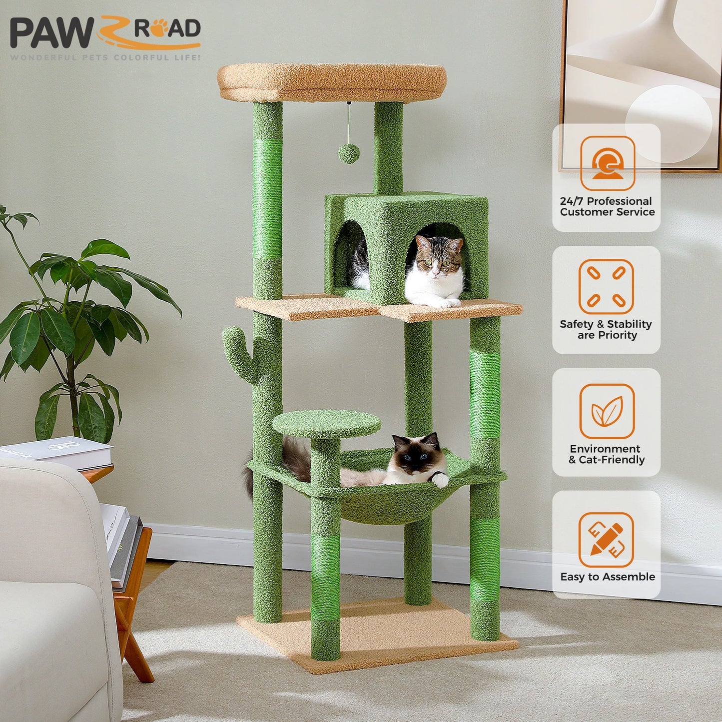 Cactus Cat Tree Tower for Large Cats with Plush Hammock, 2-Door Condo & Top Perch