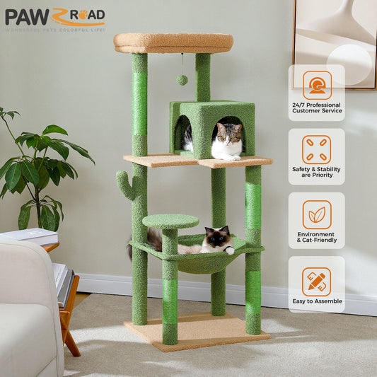Cactus Cat Tree Tower for Large Cats with Plush Hammock, 2-Door Condo & Top Perch