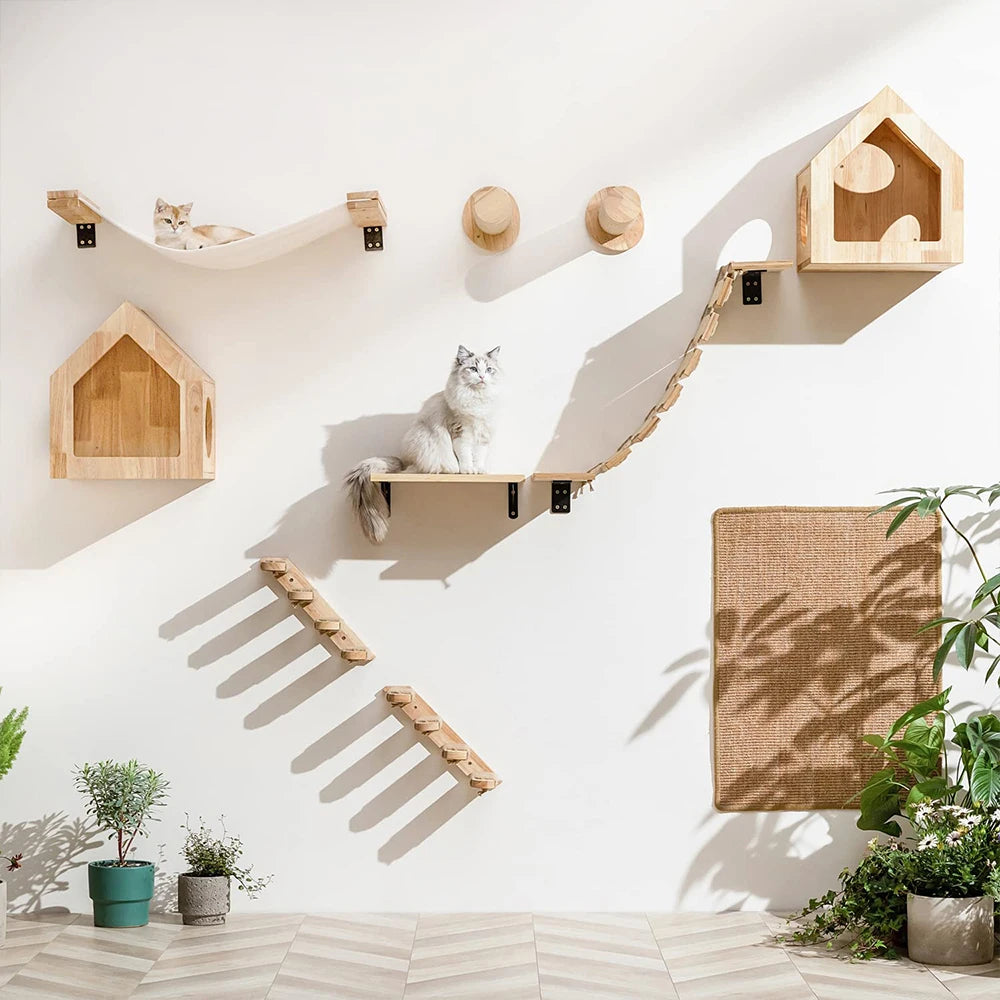 Wall Mounted Cat Climbing Shelf with 4 Steps & Sisal Scratching Post