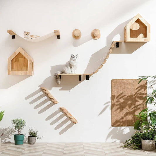 Wall Mounted Cat Climbing Shelf with 4 Steps & Sisal Scratching Post