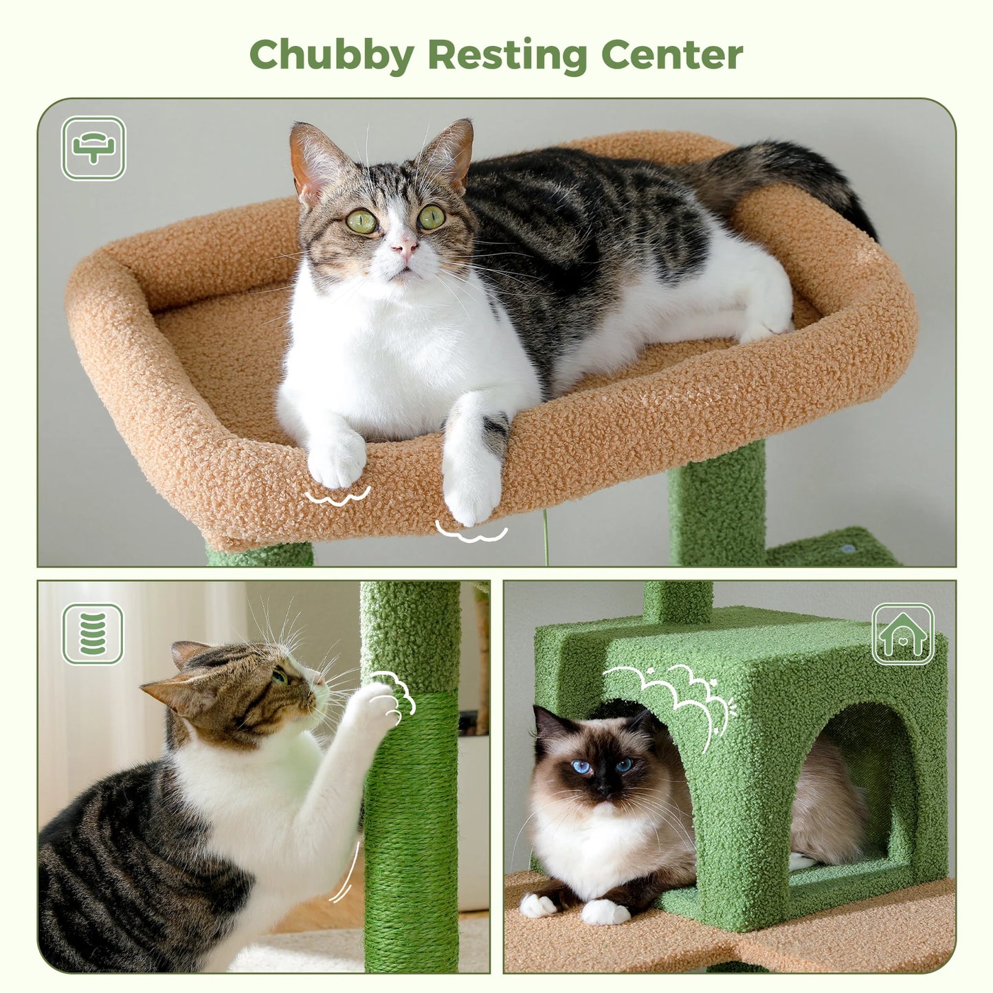 Cactus Cat Tree Tower for Large Cats with Plush Hammock, 2-Door Condo & Top Perch