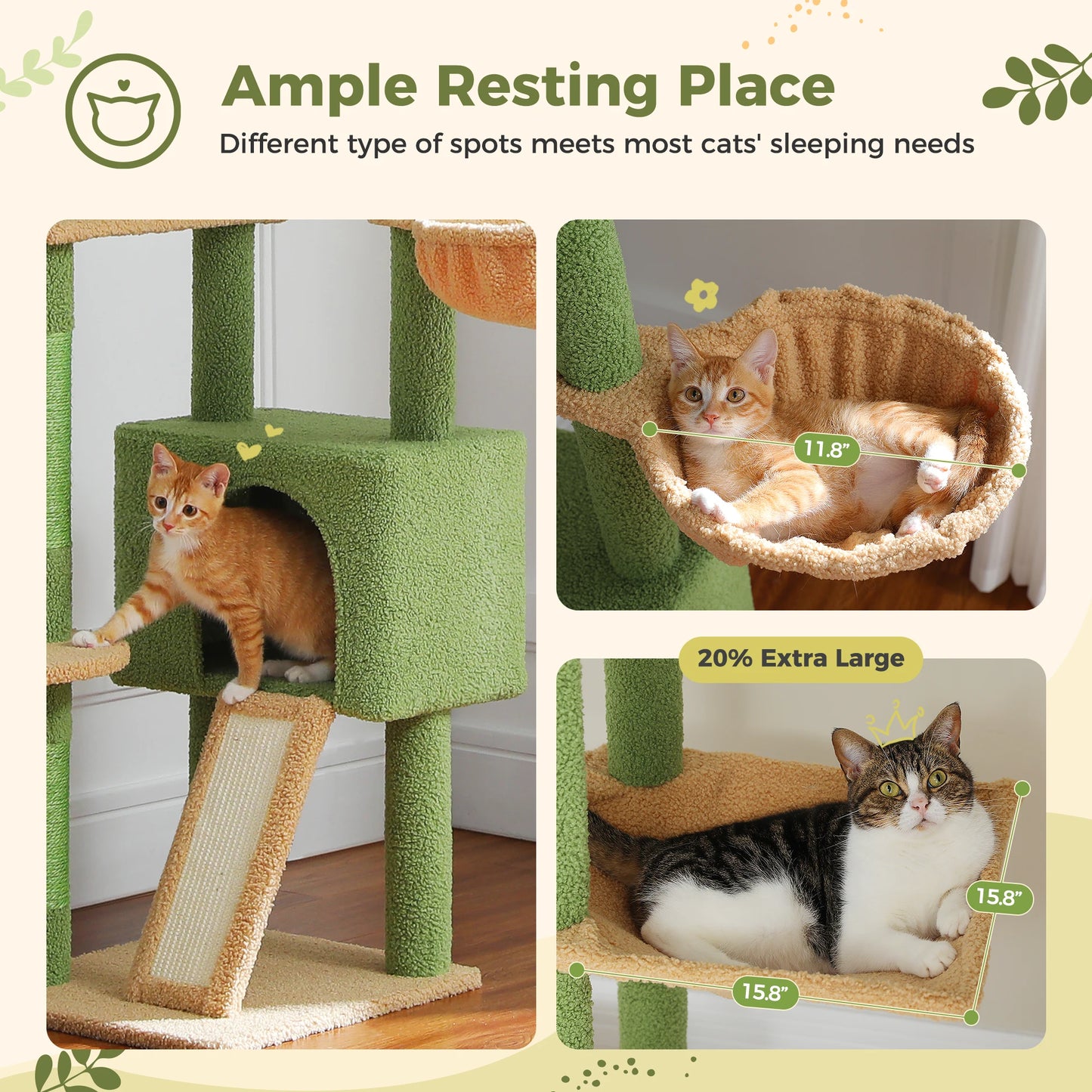 Adjustable Cactus Cat Tree Tower Floor-to-Ceiling with Condo, Hammock & Scratching Posts
