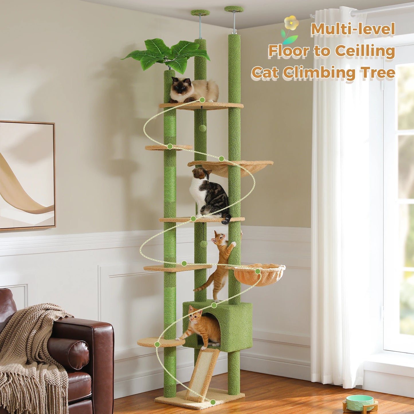 Adjustable Cactus Cat Tree Tower Floor-to-Ceiling with Condo, Hammock & Scratching Posts