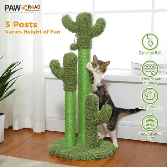 Cactus Cat Scratching Post with 3 Sisal Poles & Hanging Ball Toy – Tall Indoor Cat Scratcher
