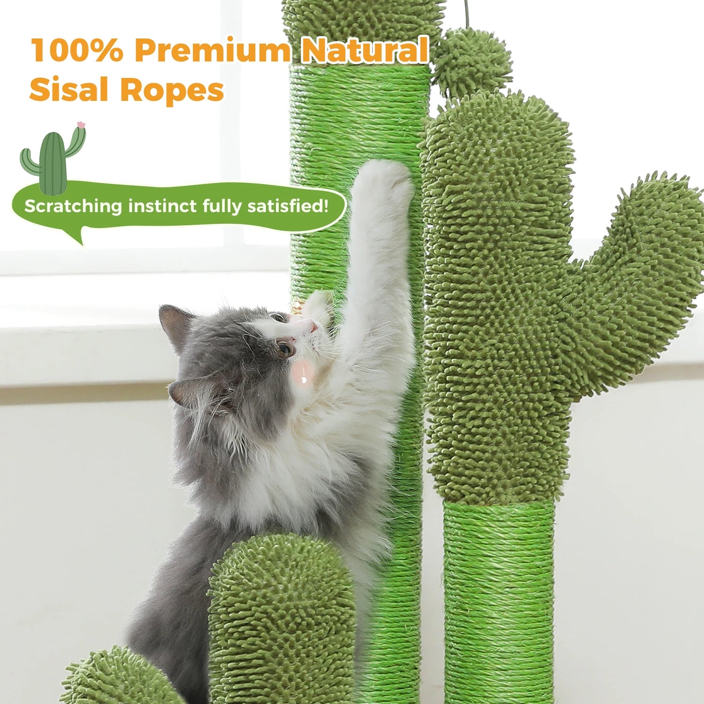 Cactus Cat Scratching Post with 3 Sisal Poles & Hanging Ball Toy – Tall Indoor Cat Scratcher